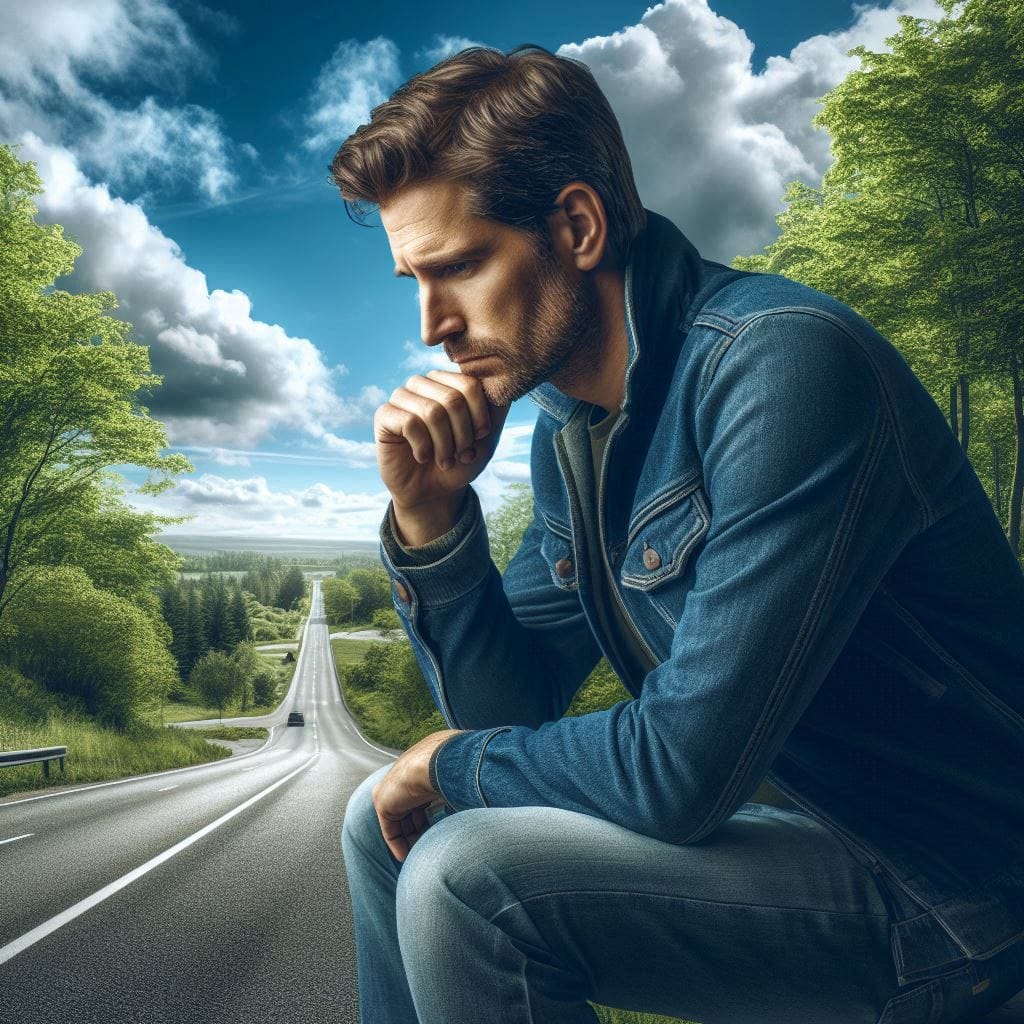 homem agachado na estrada