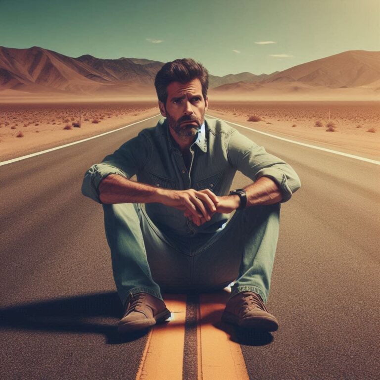 homem sentado na estrada