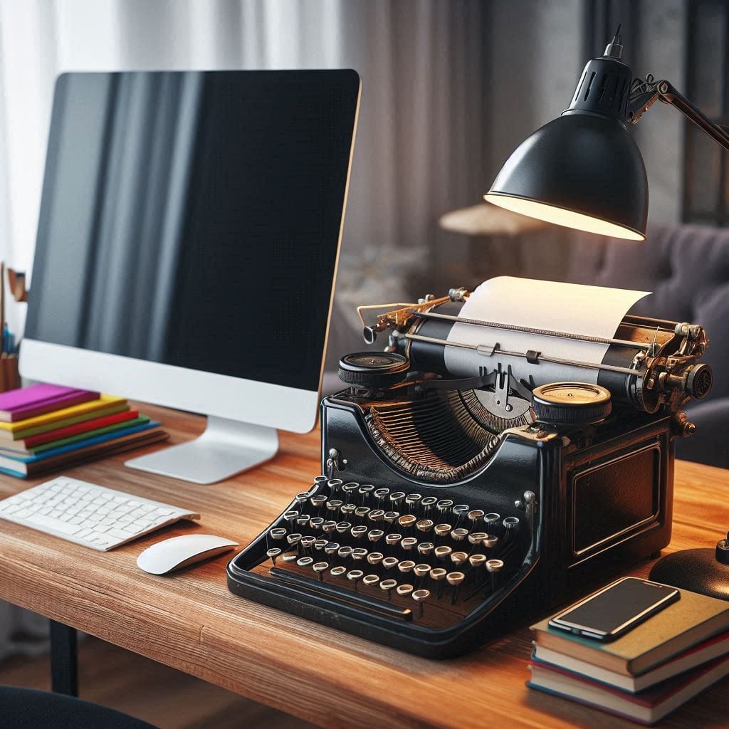 Computador ao lado de uma máquina de escrever